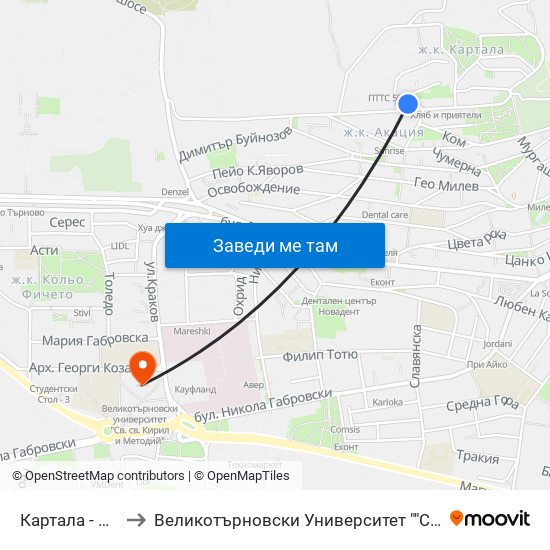 Картала - Обръщало / Kartala Terminus to Великотърновски Университет ""Св. Св. Кирил И Методий"" map