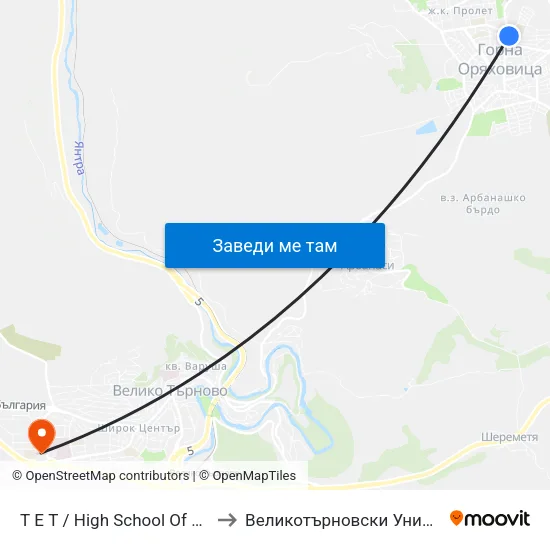 Т Е Т / High School Of Electrical Engineering And Electronics to Великотърновски Университет ""Св. Св. Кирил И Методий"" map