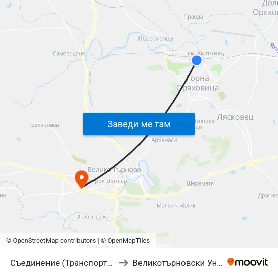 Съединение (Транспортна Болница) / Saedinenie (Transport Hospital) to Великотърновски Университет ""Св. Св. Кирил И Методий"" map