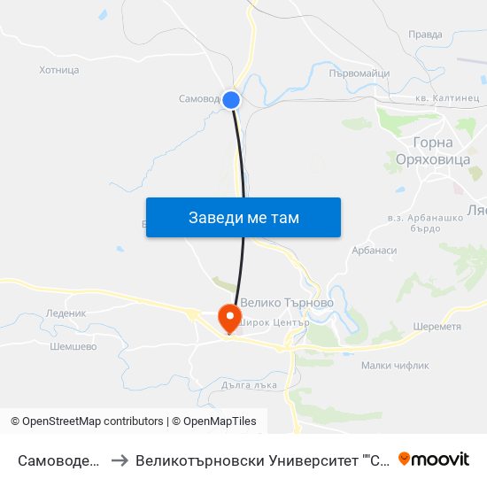 Самоводене - Втора / Samovodene - Second to Великотърновски Университет ""Св. Св. Кирил И Методий"" map