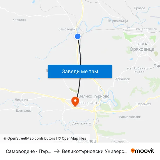 Самоводене - Първа / Samovodene - First to Великотърновски Университет ""Св. Св. Кирил И Методий"" map
