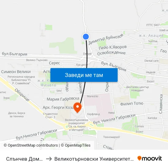 Слънчев Дом / Sunny Home to Великотърновски Университет ""Св. Св. Кирил И Методий"" map