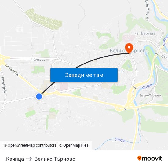 Качица / Kachitsa to Велико Търново map