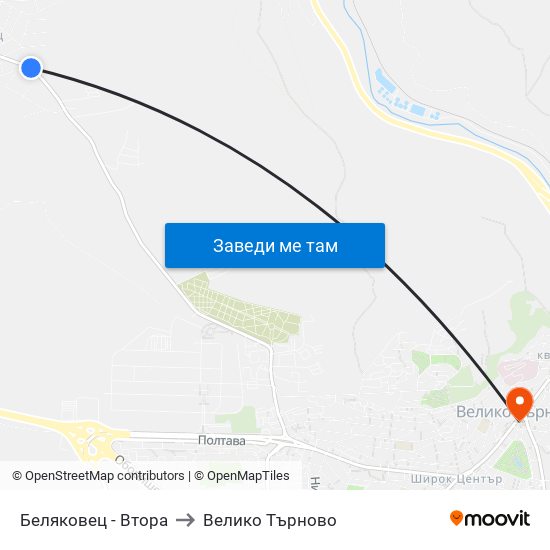 Беляковец - Втора to Велико Търново map