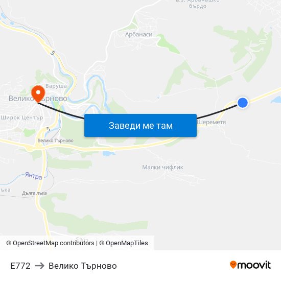 Е772 to Велико Търново map