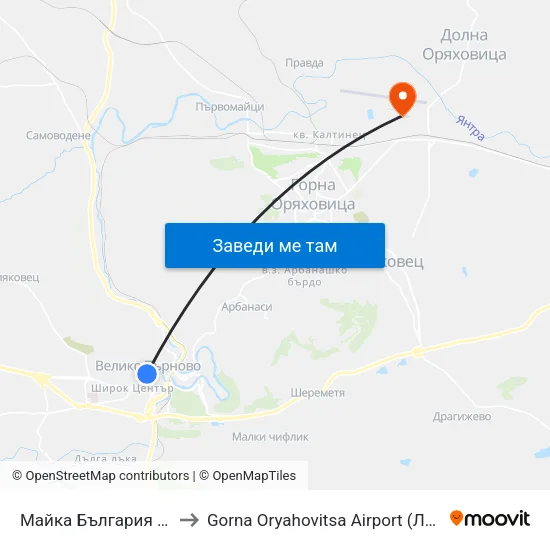 Майка България / Mother Bulgaria to Gorna Oryahovitsa Airport (Летище Горна Оряховица) map
