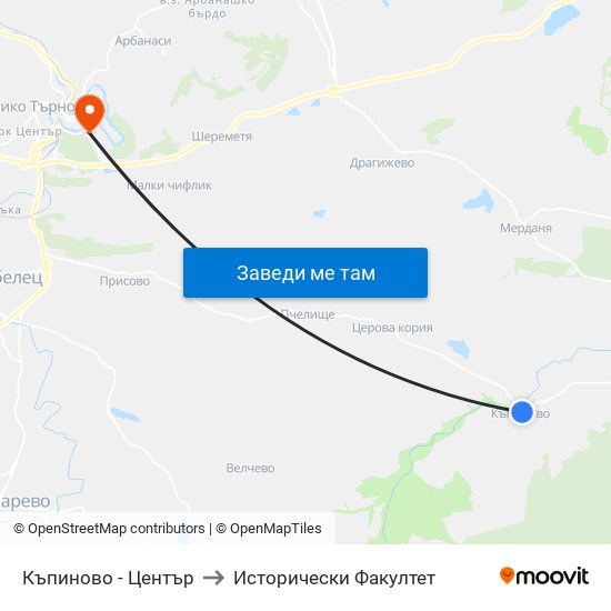Къпиново - Център / Kapinovo - Centre to Исторически Факултет map