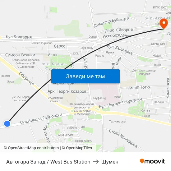 Автогара Запад / West Bus Station to Шумен map