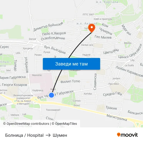 Болница / Hospital to Шумен map