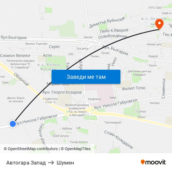 Автогара Запад to Шумен map
