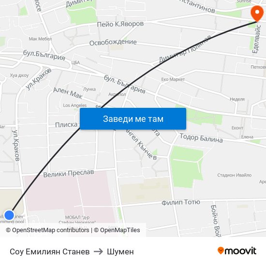 Соу Емилиян Станев to Шумен map
