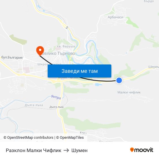 Разклон Малки Чифлик / Fork Road For Malki Chiflik to Шумен map