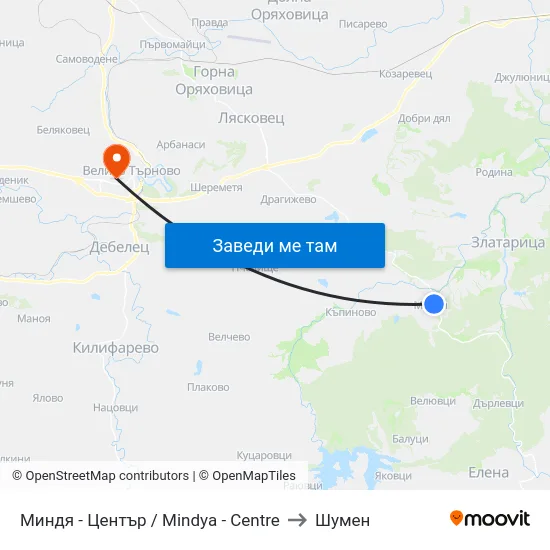 Миндя - Център / Mindya - Centre to Шумен map