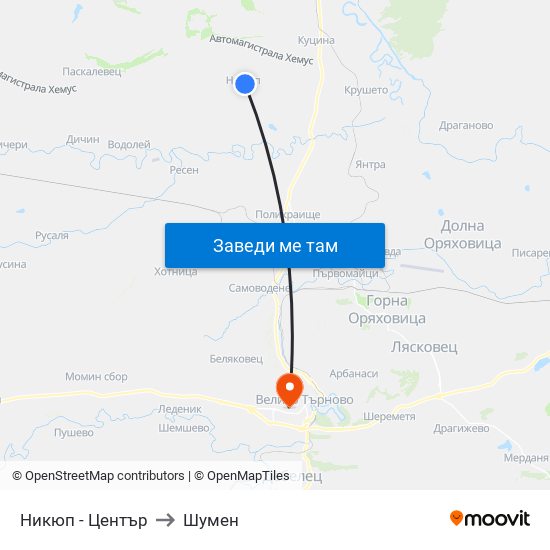 Никюп - Център / Nikyup - Centre to Шумен map
