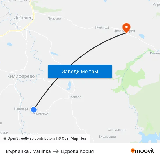 Върлинка / Varlinka to Церова Кория map