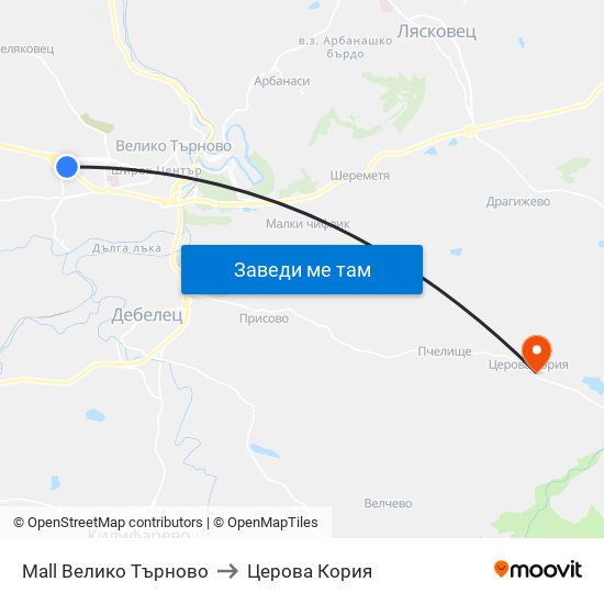 Мол Велико Търново / Mall Veliko Tarnovo to Церова Кория map