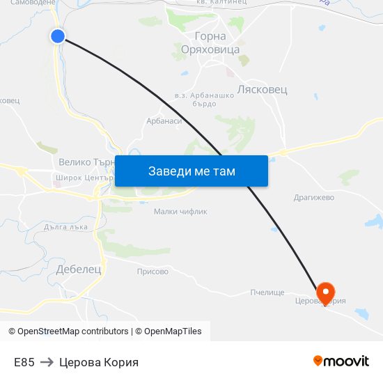 E85 to Церова Кория map