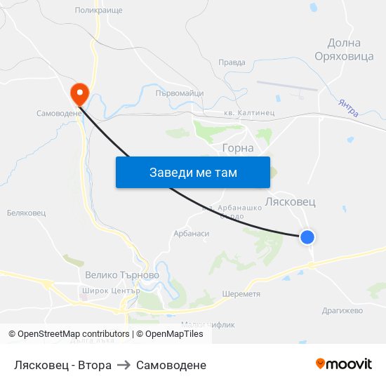 Лясковец - Втора (Чертовец) / Lyaskovets - Second (Chertovets) to Самоводене map