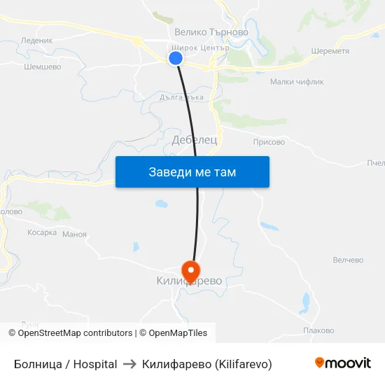 Болница / Hospital to Килифарево (Kilifarevo) map