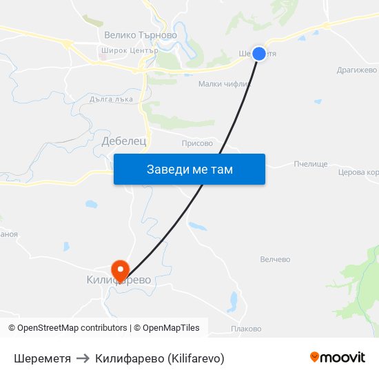 Шереметя / Sheremetya to Килифарево (Kilifarevo) map