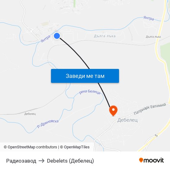 Радиозавод / Radio Plant to Debelets (Дебелец) map