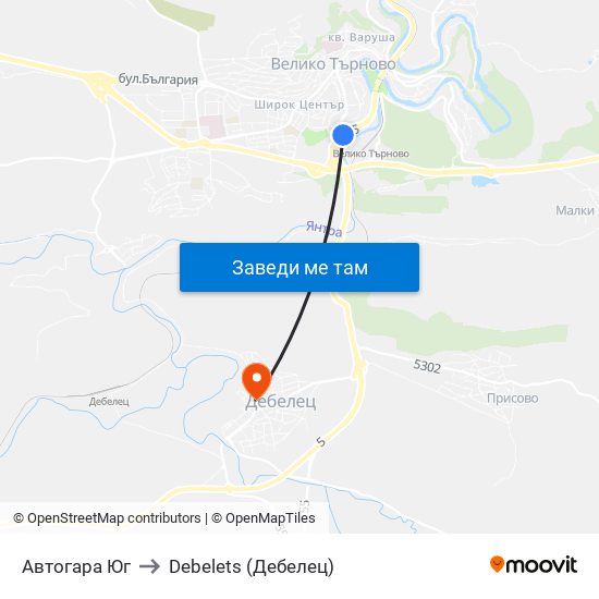 Автогара Юг / South Bus Station to Debelets (Дебелец) map