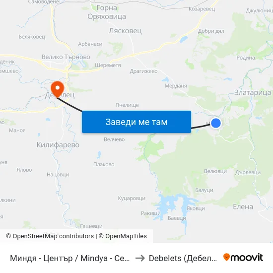 Миндя - Център / Mindya - Centre to Debelets (Дебелец) map