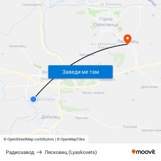 Радиозавод to Лясковец (Lyaskovets) map