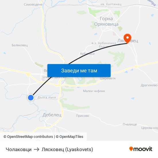 Чолаковци / Cholakovtsi to Лясковец (Lyaskovets) map