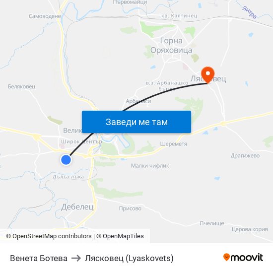 Венета Ботева / Veneta Boteva to Лясковец (Lyaskovets) map