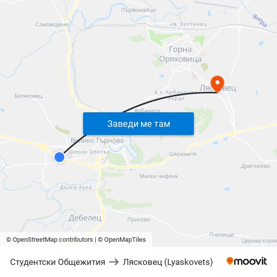 Студентски Общежития to Лясковец (Lyaskovets) map