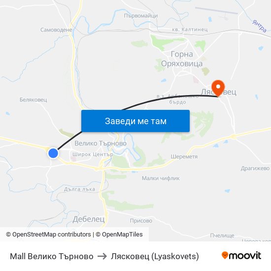 Mall Велико Търново to Лясковец (Lyaskovets) map