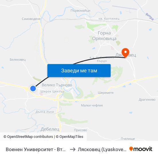 Военен Университет - Втора to Лясковец (Lyaskovets) map