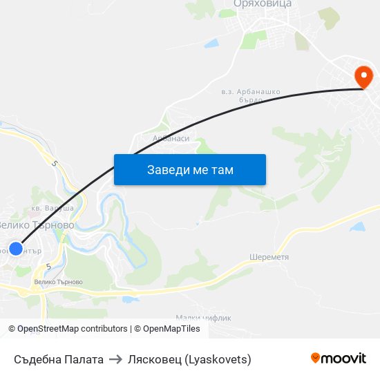 Съдебна Палата to Лясковец (Lyaskovets) map