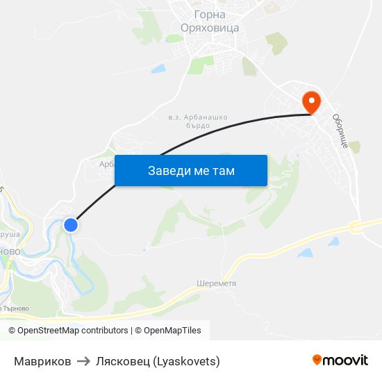 Мавриков / Mavrikov to Лясковец (Lyaskovets) map