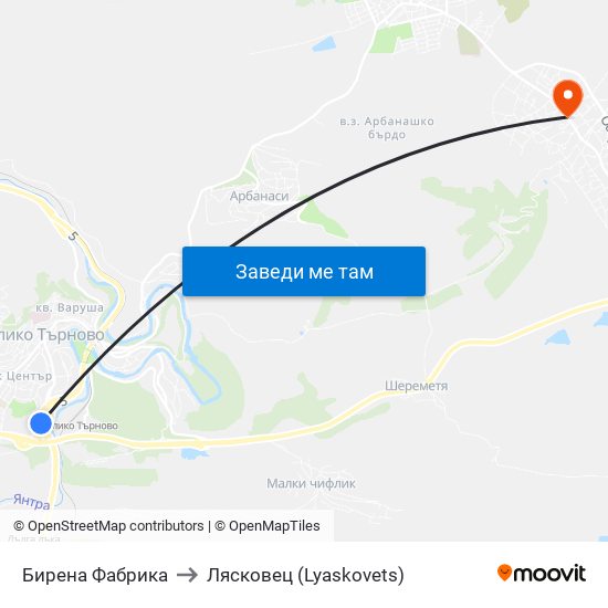 Бирена Фабрика / Beer Factory to Лясковец (Lyaskovets) map