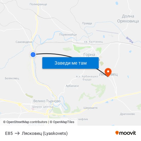 E85 to Лясковец (Lyaskovets) map