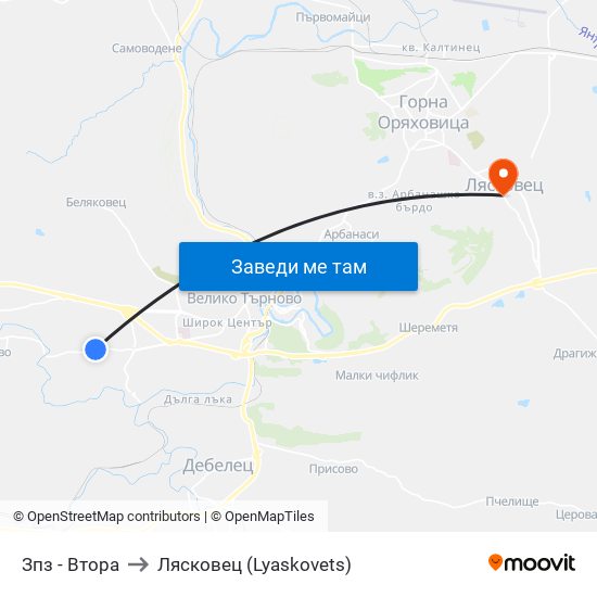 Западна Промишлена Зона - Втора / West Industrial Zone - Second to Лясковец (Lyaskovets) map