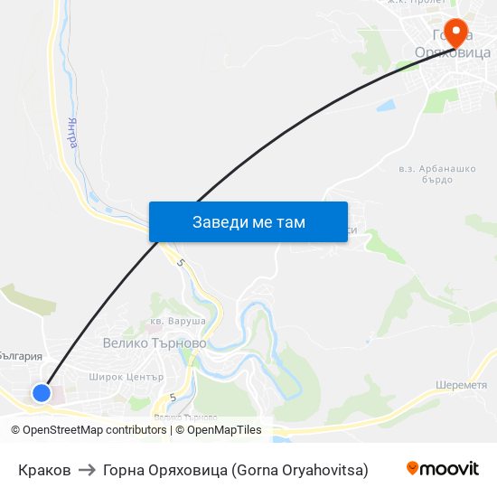 Краков / Krakow to Горна Оряховица (Gorna Oryahovitsa) map