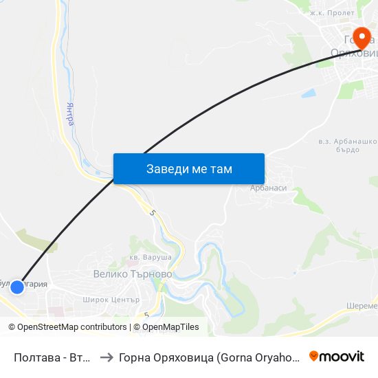 Полтава - Втора / Poltava - Second to Горна Оряховица (Gorna Oryahovitsa) map