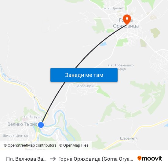 Пл. Велчова Завера / Velchova Zavera Sq. to Горна Оряховица (Gorna Oryahovitsa) map