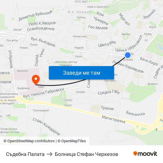 Съдебна Палата to Болница Стефан Черкезов map