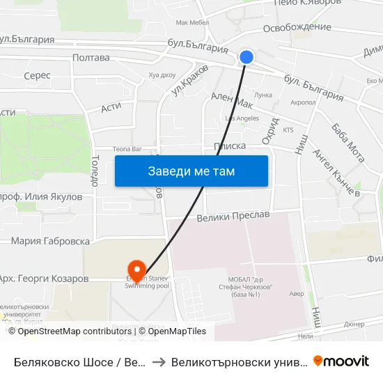 Беляковско Шосе / Belyakovsko Shosse to Великотърновски университет Корпус 4 map