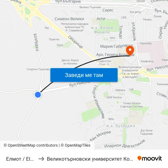 Елмот / Elmot to Великотърновски университет Корпус 4 map