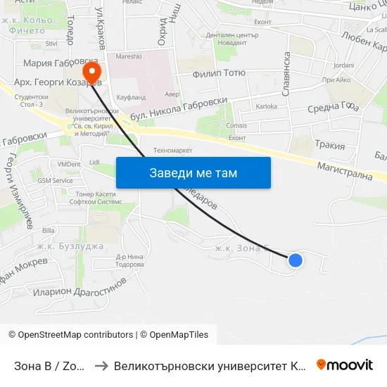 Зона Б / Zona B to Великотърновски университет Корпус 4 map