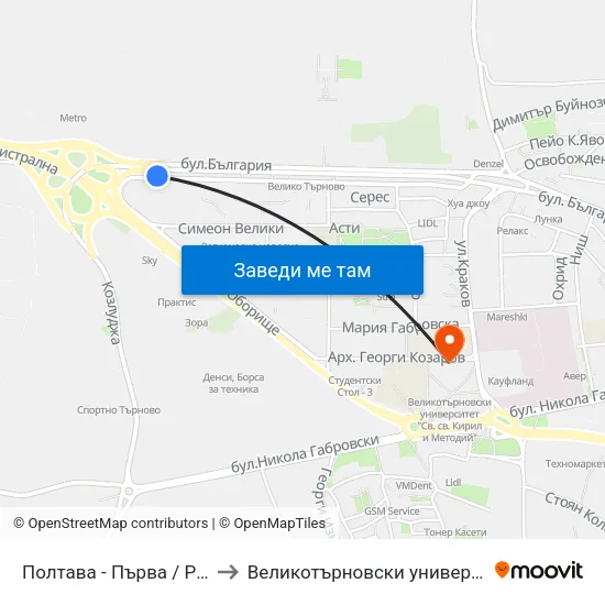 Полтава - Първа / Poltava - First to Великотърновски университет Корпус 4 map