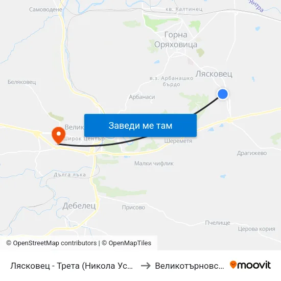 Лясковец - Трета (Никола Усенлиев) / Lyaskovets - Third (Nikola Usenliev) to Великотърновски университет Корпус 4 map