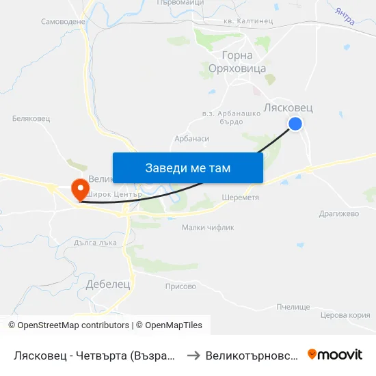 Лясковец - Четвърта (Възраждане) / Lyaskovets - Fourth (Vazrazhdane) to Великотърновски университет Корпус 4 map