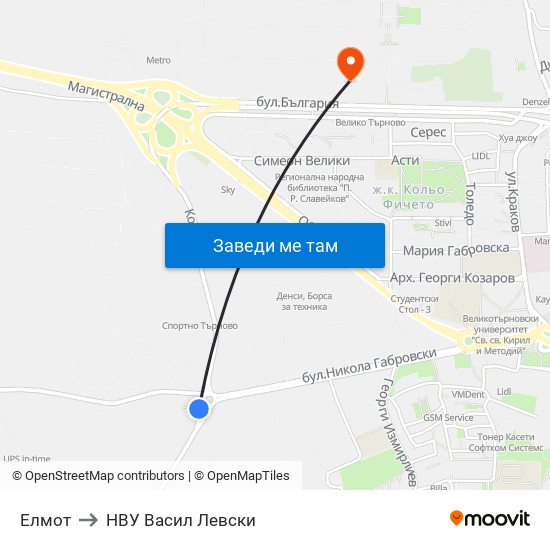 Елмот to НВУ  Васил Левски map