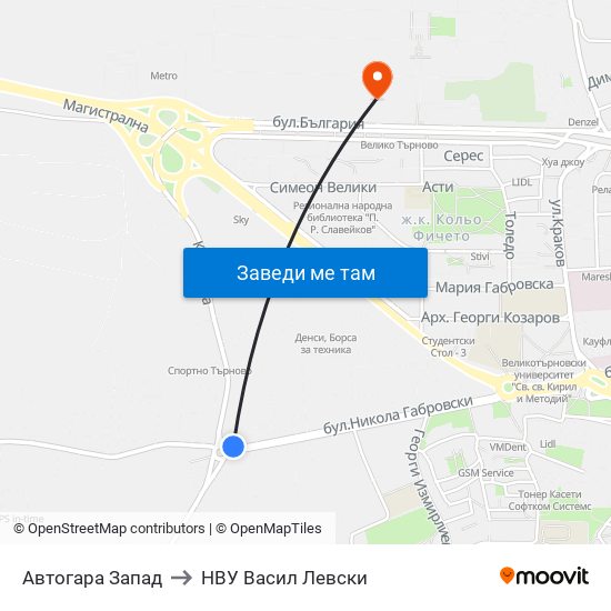 Автогара Запад to НВУ  Васил Левски map